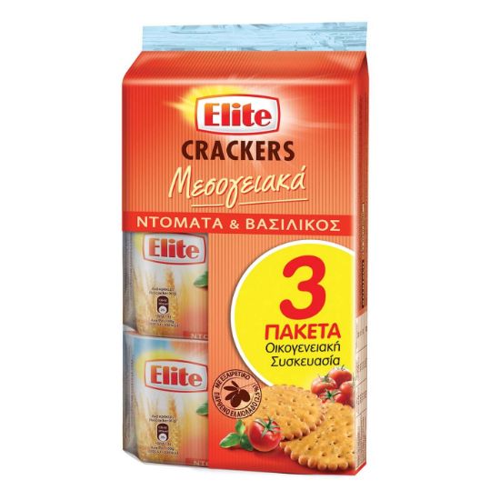 ELITE κράκερ με ντομάτα & βασιλικό οικογενειακή συσκευασία 3x105g